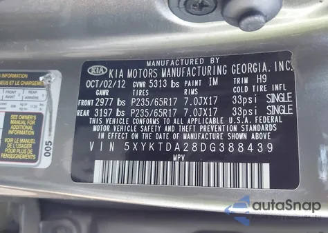 2013 Kia Sorento Lx V6 z USA, uszkodzony, nr VIN 5XYKTDA28DG388439